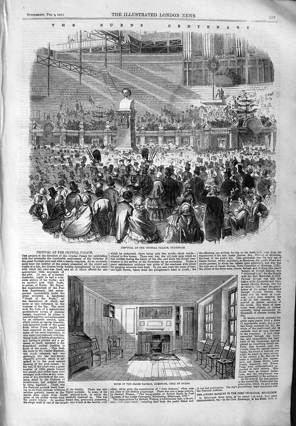Original Old Antique Print 1859 Burns Centenary Crystal Palace Tavern Dumfries