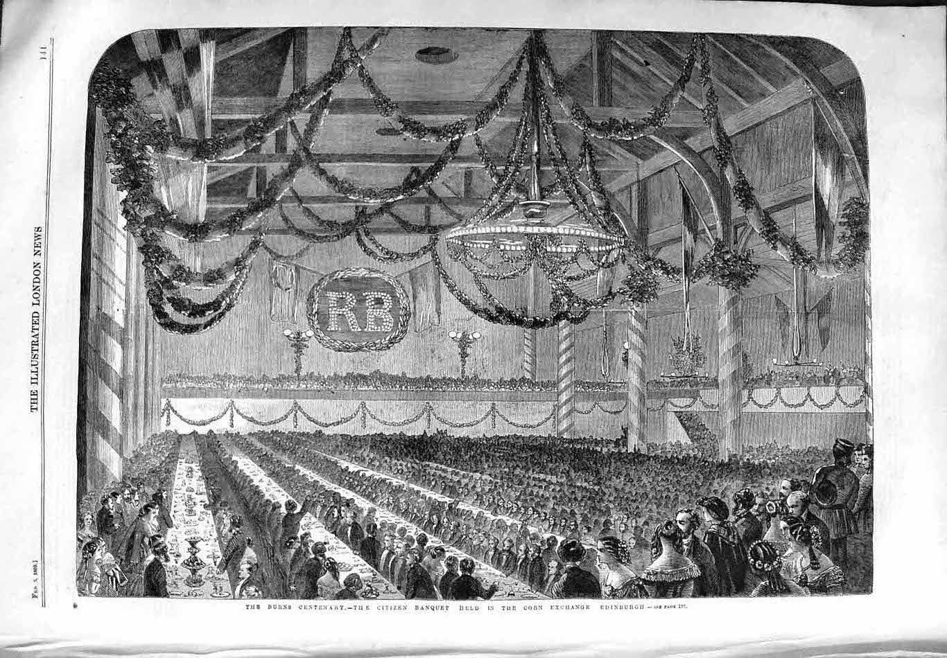 Antique Old Print *3741 1859 Burns Centenary Banquet Corn Exchange Edinburgh