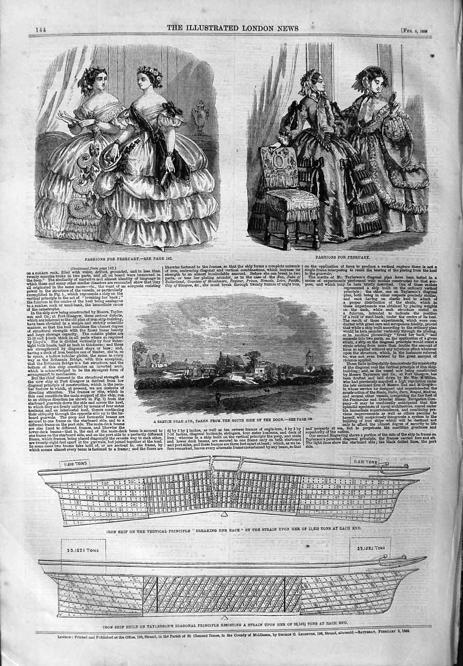 Old Antique Print 1859 Ayr Fashion Iron Ship Taylerson Diagrams Drawing 19th