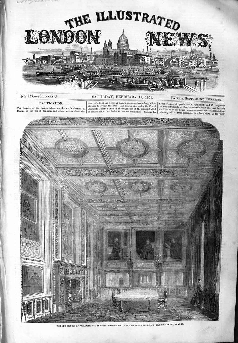 Antique Old Print *3737 1859 Houses Parliament Dining Room Speakers Residence