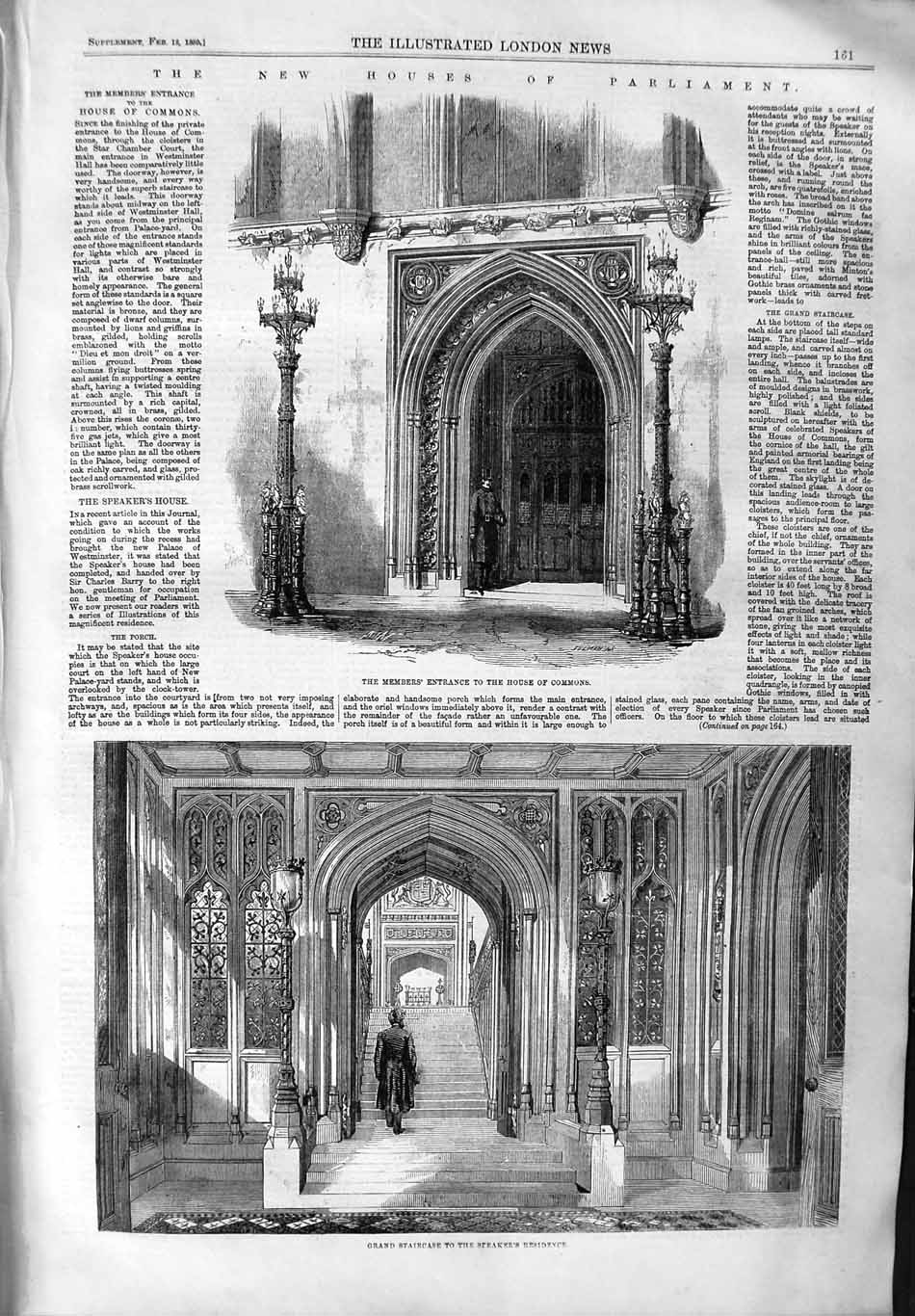 Original Old Antique Print 1859 Members Entrance Houses Parliament Staircase