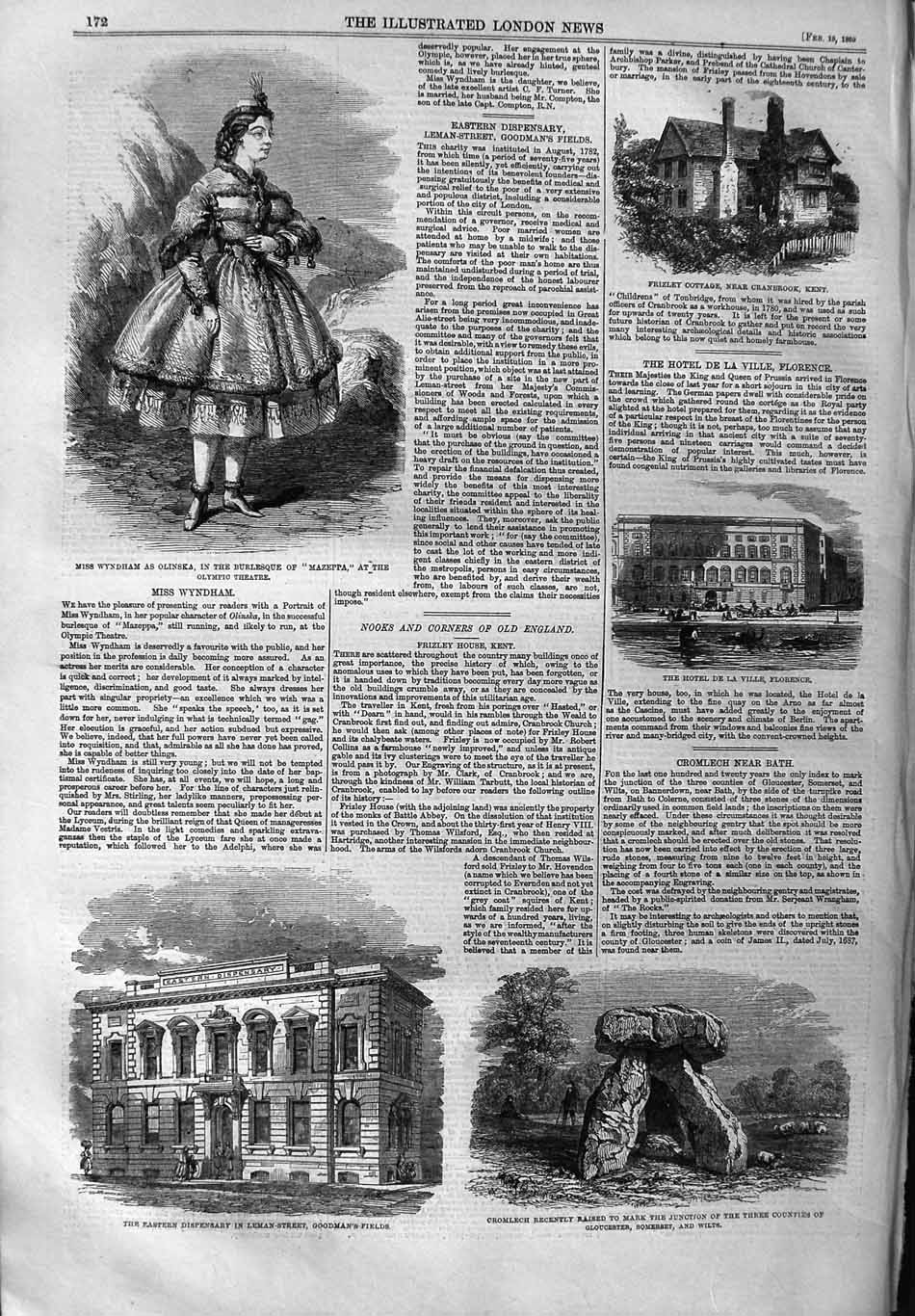 Original Old Antique Print 1859 Theatre Wyndham Hotel Florence Cromlech Leman