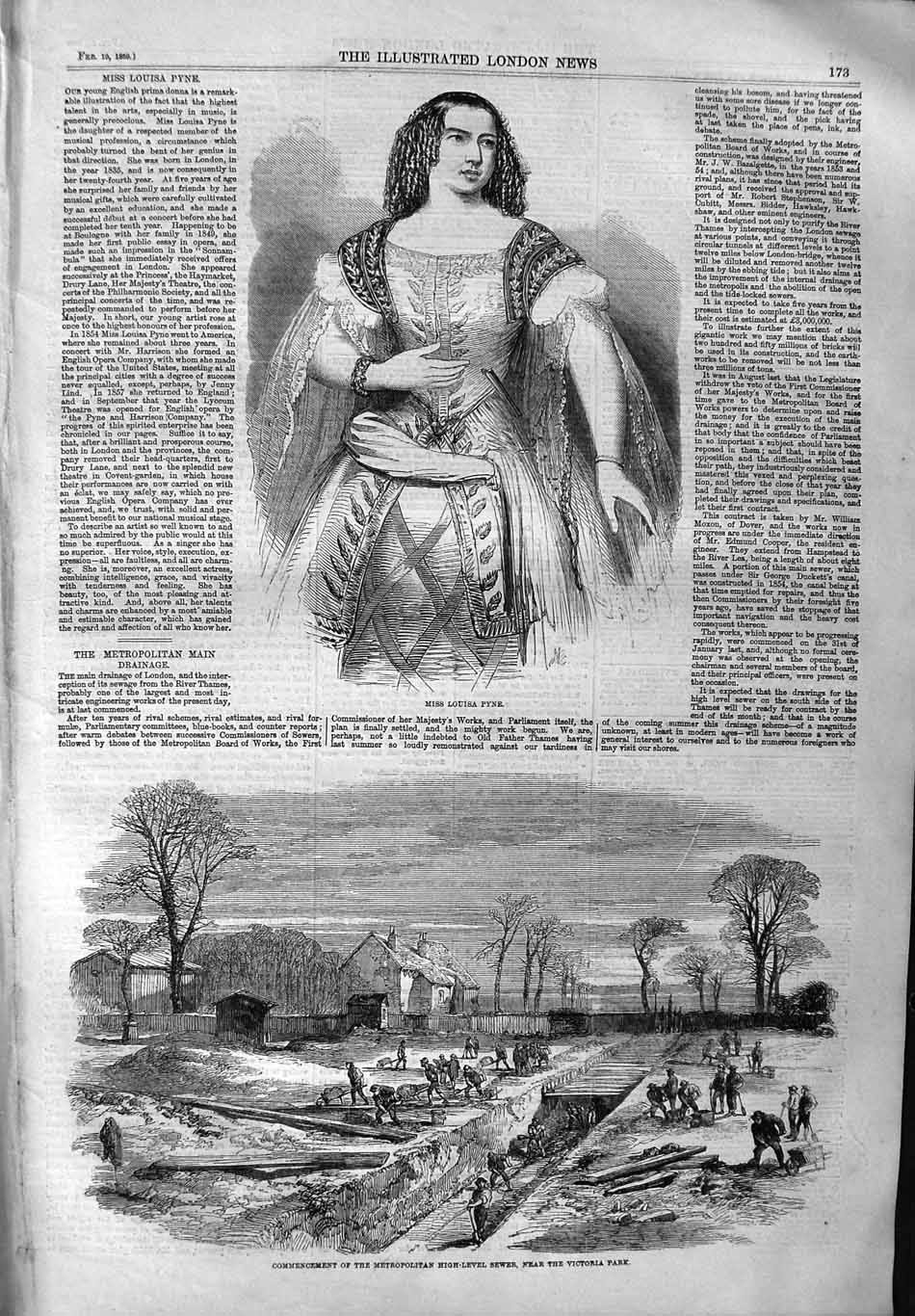 Old Antique Print 1859 Miss Louisa Pyne Metropolitan Sewer Victoria Park 19th
