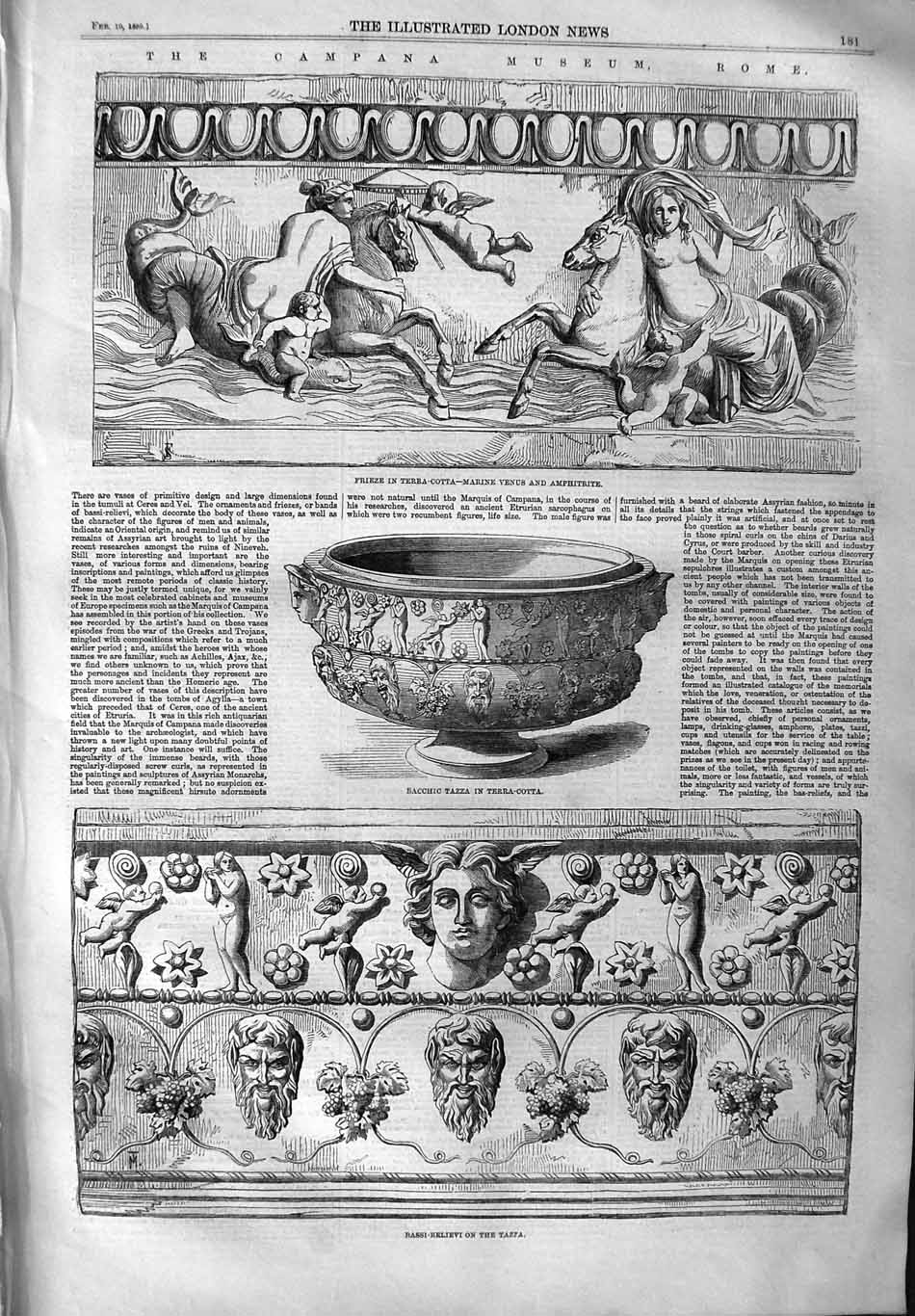 Original Old Antique Print 1859 Frieze Terra-Cotta Campana Museum Rom Victorian