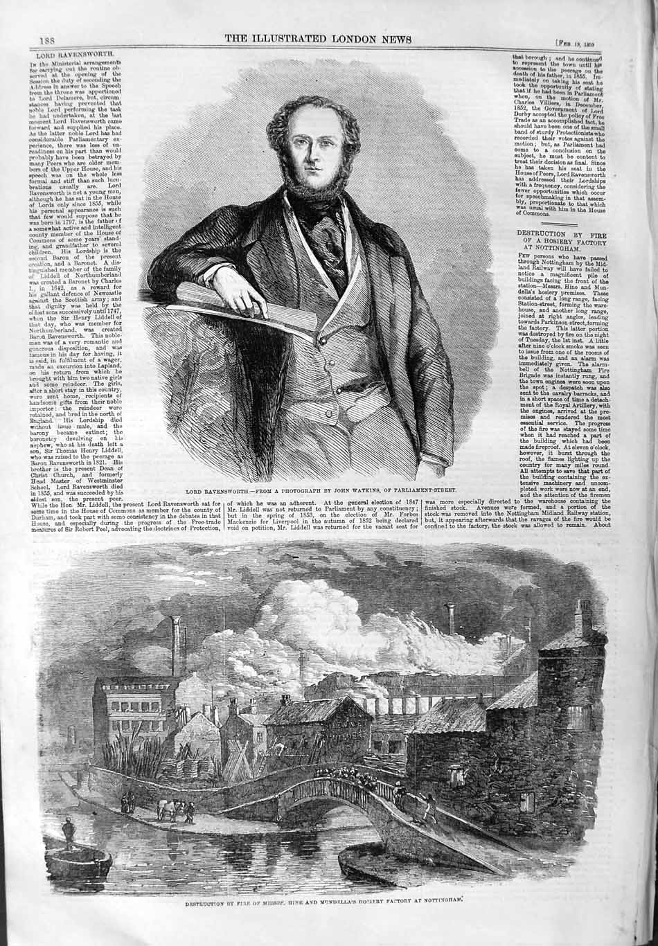 Original Old Antique Print 1859 Lord Ravensworth Fire Hine Mundella Factory