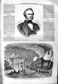 Original Old Antique Print 1859 George Skirrow Beecroft Fire Birdingbury Hall