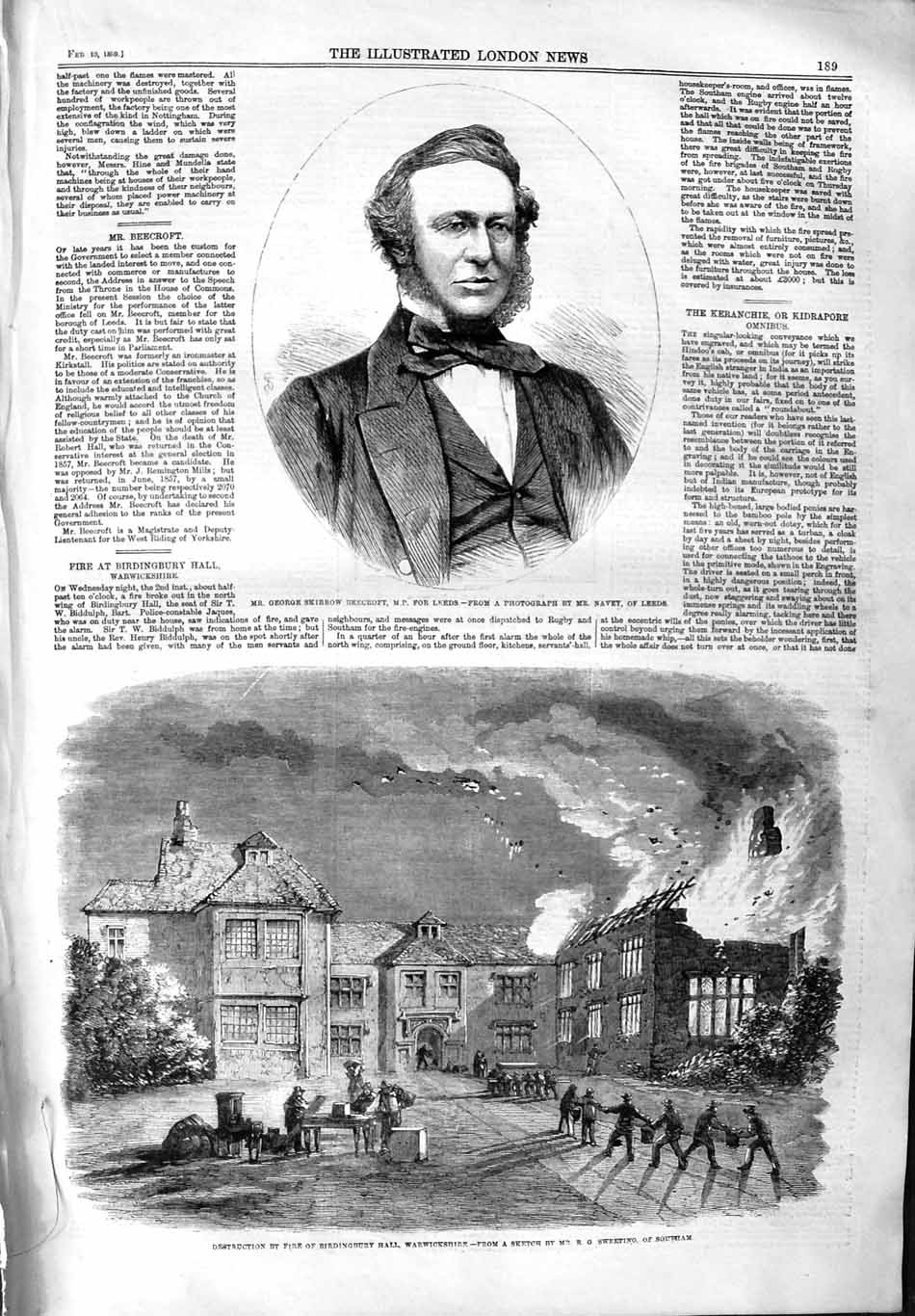 Original Old Antique Print 1859 George Skirrow Beecroft Fire Birdingbury Hall