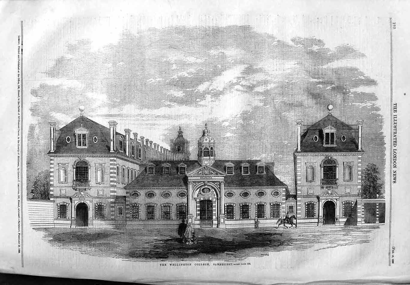 Original Old Antique Print 1859 Exterior Wellington College Sandhurst B 19th