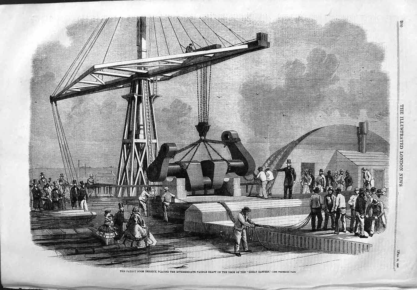 Original Old Antique Print 1859 Patent Boom Derrick Paddle Great Eastern Ship