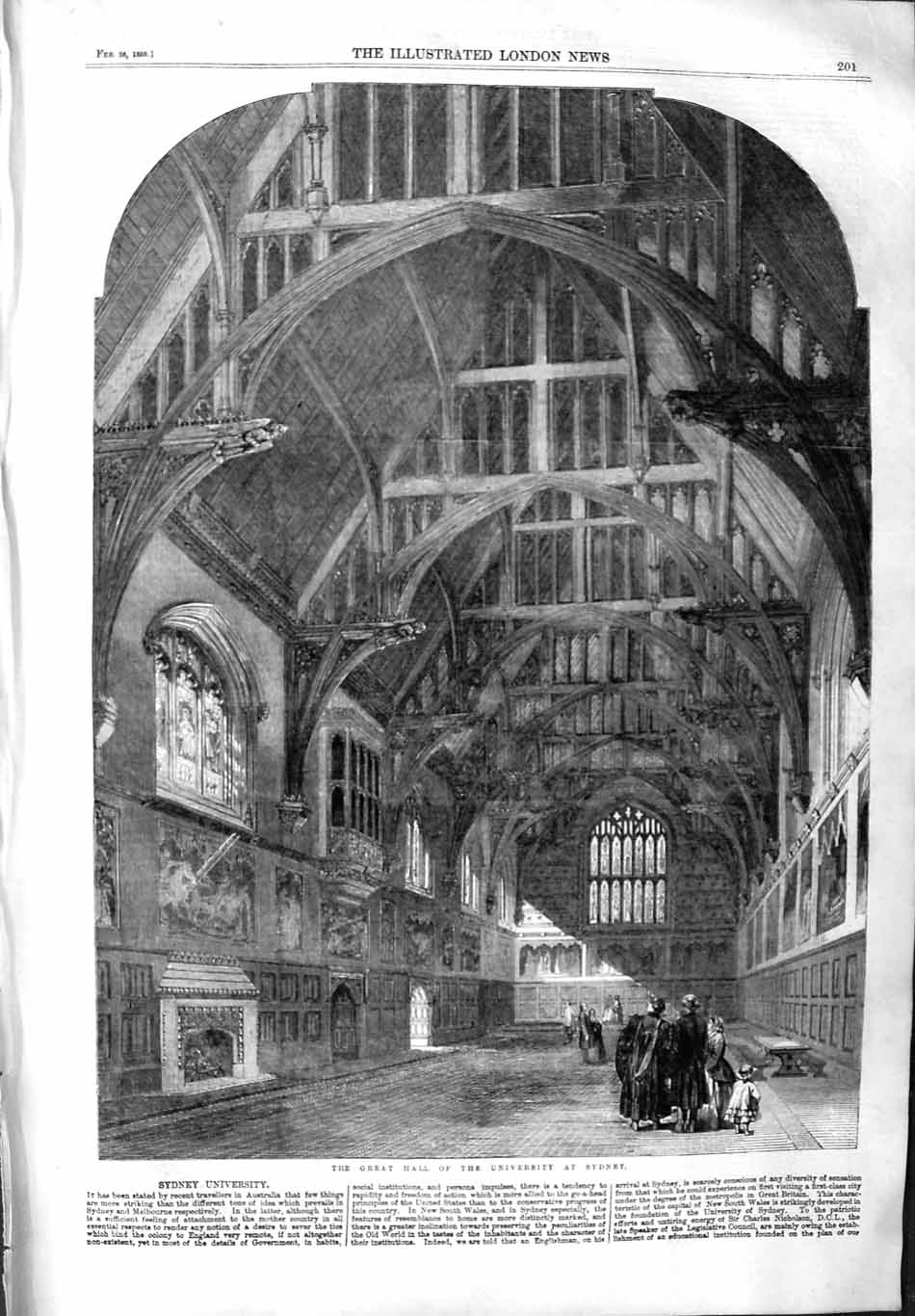 Original Old Antique Print 1859 Hall University Sydney Australia Architecture
