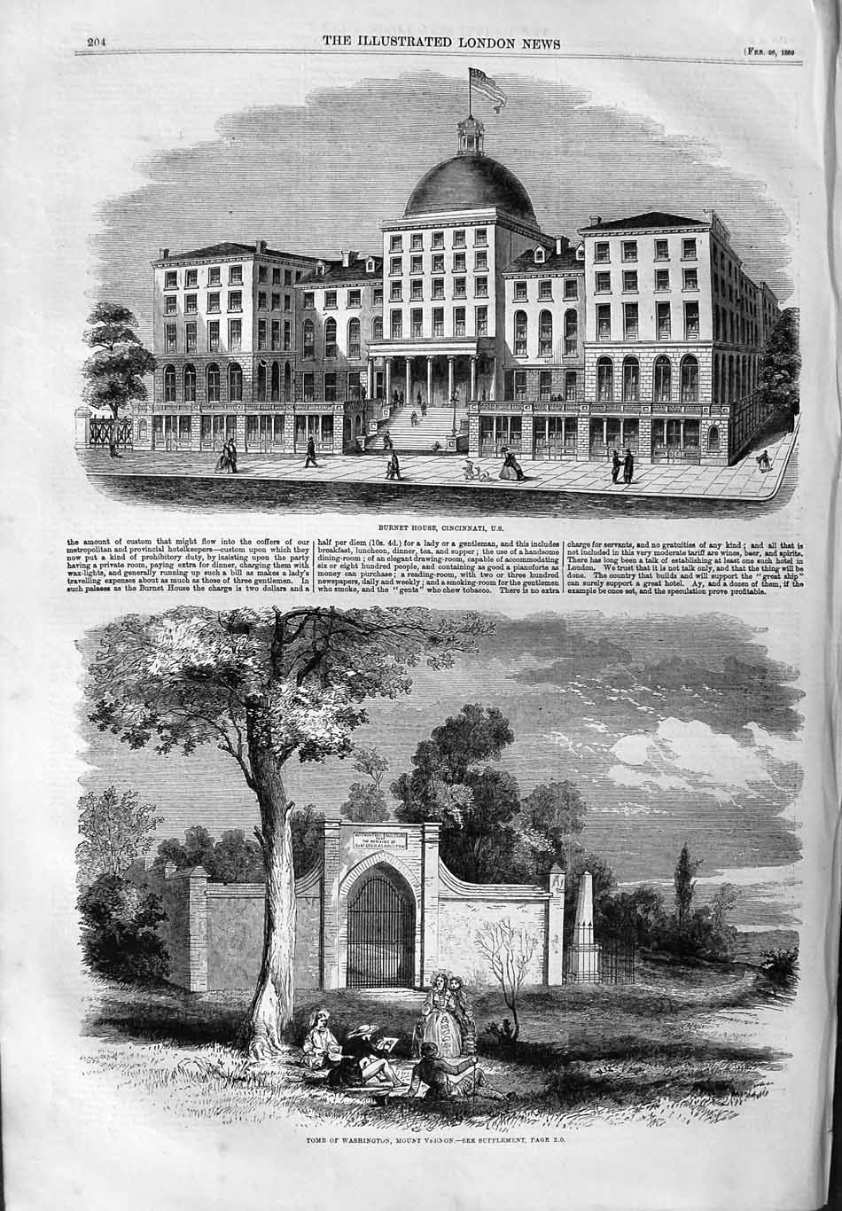 Antique Old Print *3736 1859 Burnet House Cincinnati Tomb Washington Vernon