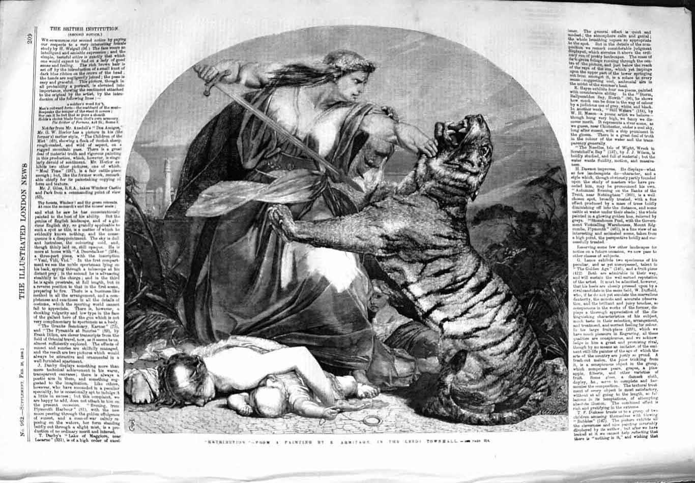 Old Antique Print 1859 Scene Tiger Dead Children Man Sword Armitage Art 19th