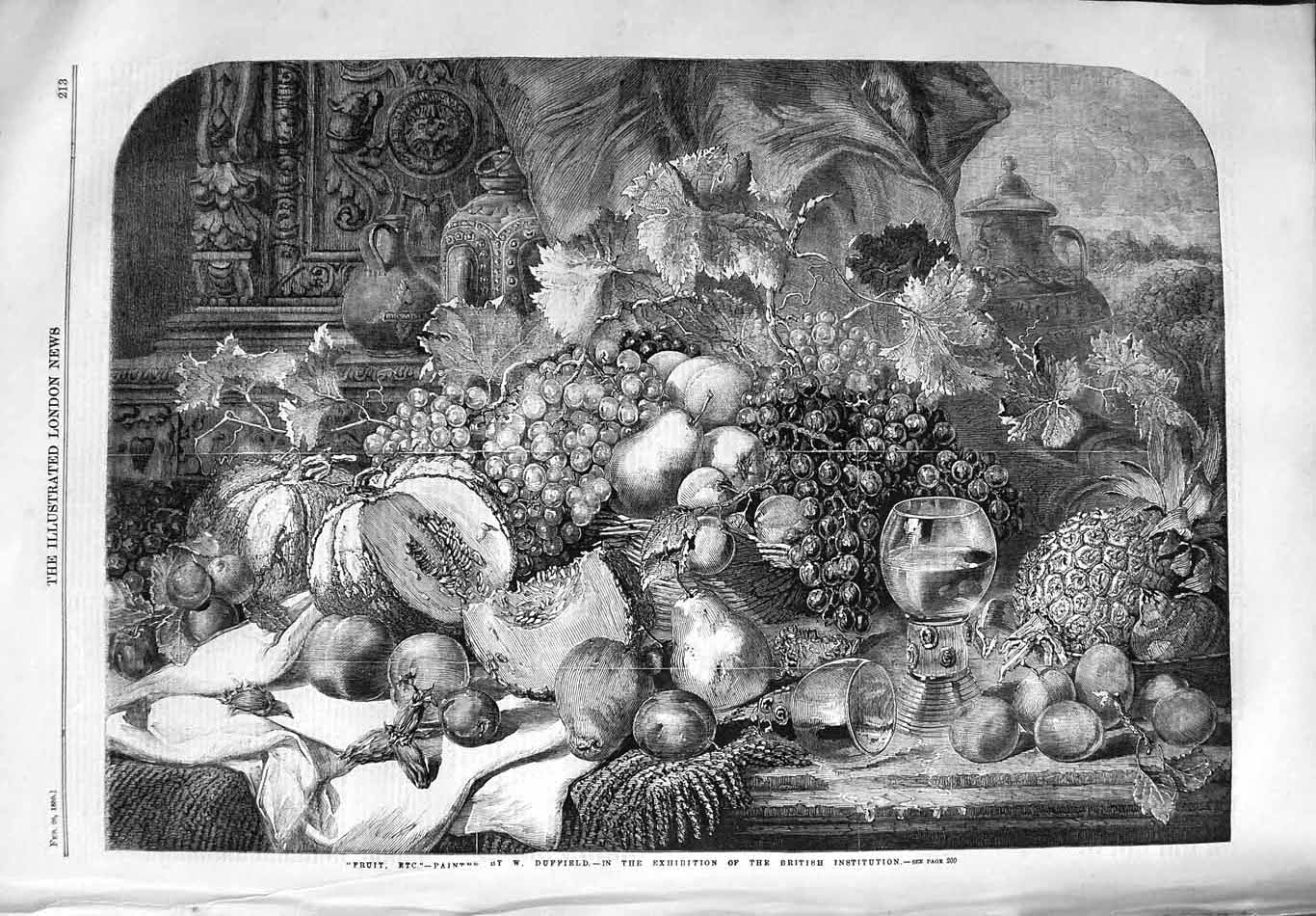 Original Old Antique Print 1859 Fruit Leaves Glass Duffield British Institution