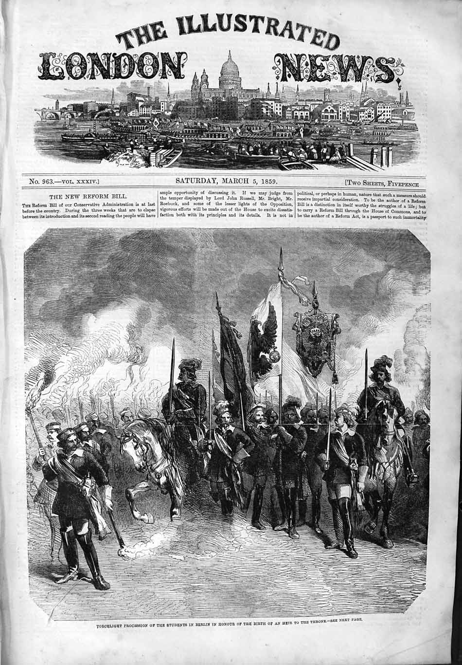 Original Old Antique Print 1859 Torchlight Procession Students Berlin Horses