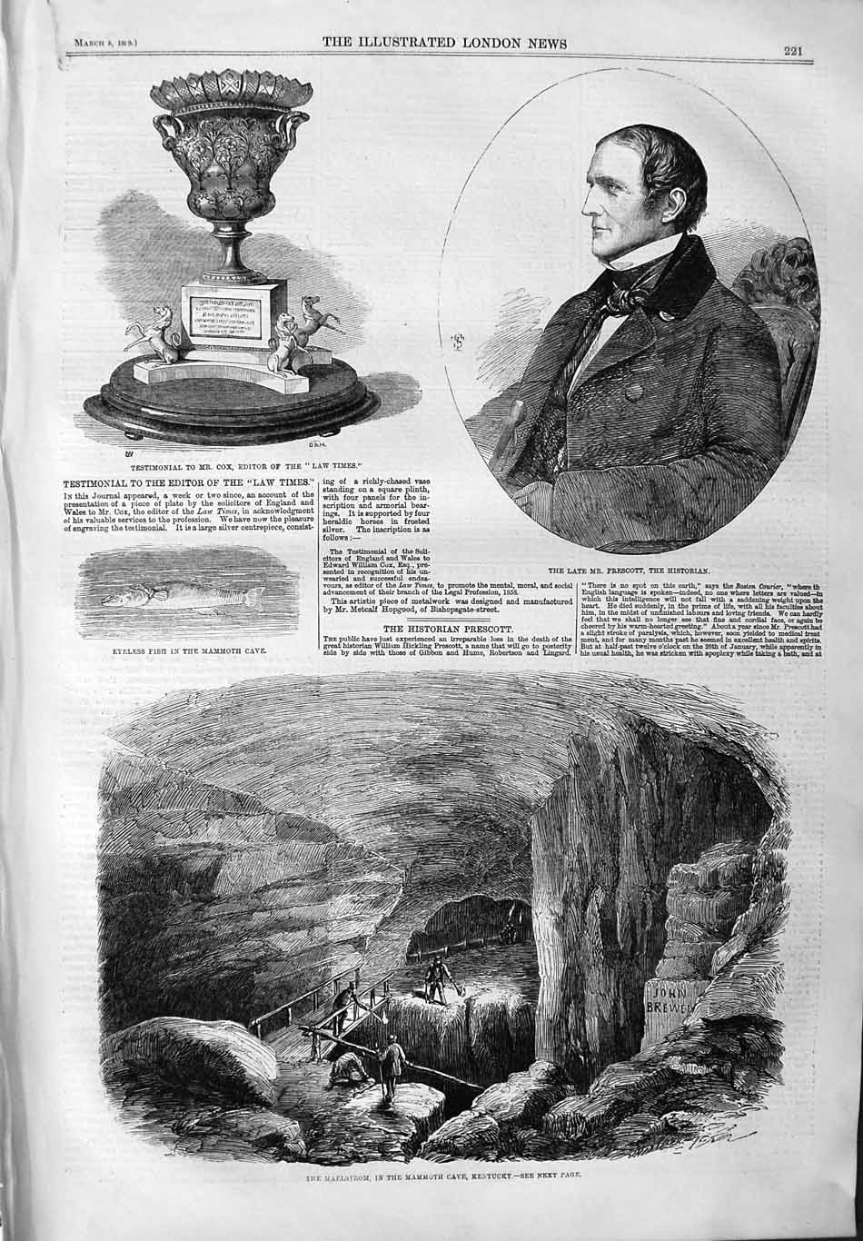 Original Old Antique Print 1859 Prescott Historian Maelstrom Cave Kentucky Cox
