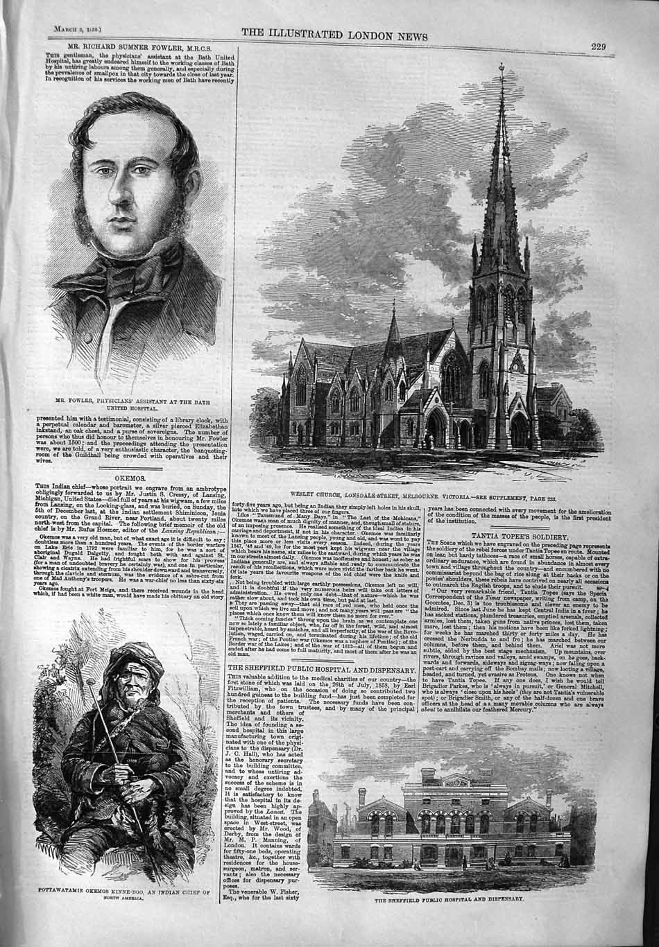 Original Old Antique Print 1859 Fowler Wesley Church Melbourne Pottawatamie 19th