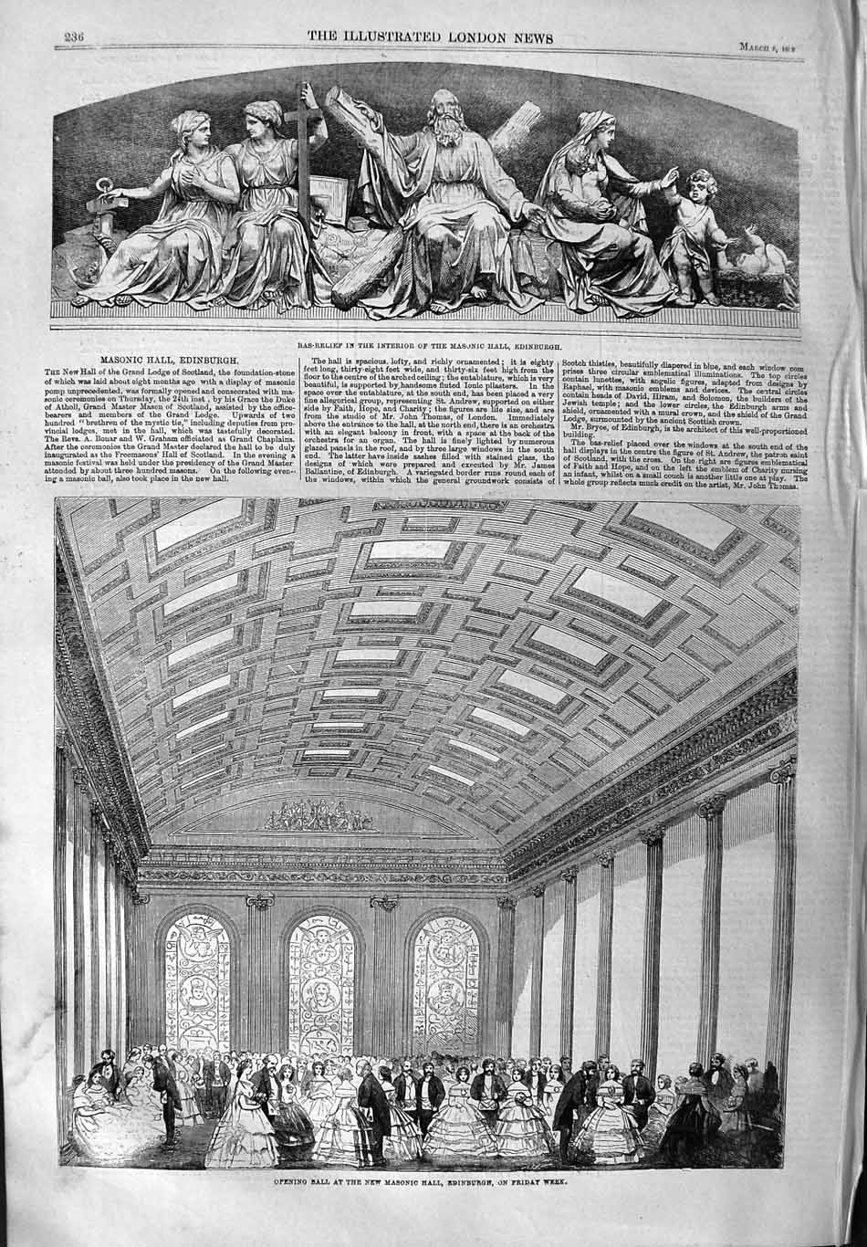 Original Old Antique Print 1859 Bas-Relief Interior Masonic Hall Edinbur 19th