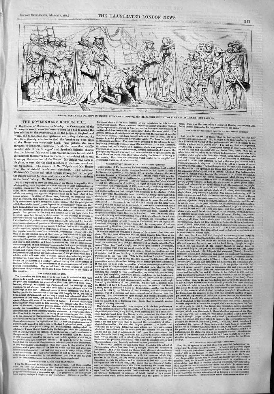 Original Old Antique Print 1859 Government Reform Bill Bas-Relief House Lords