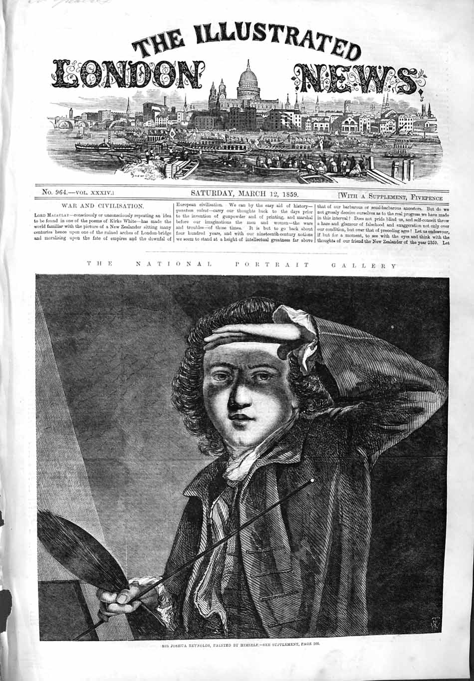 Original Old Antique Print 1859 Self Portrait Sir Joshu 19th Century