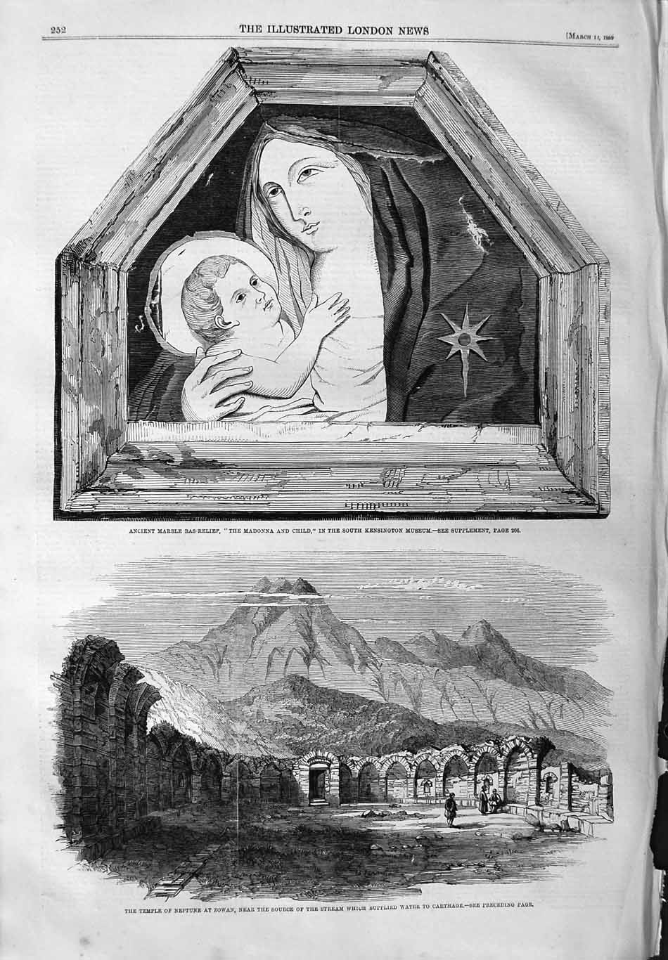 Original Old Antique Print 1859 Marble Bas-Relief Madonna Temple Neptune Zowan