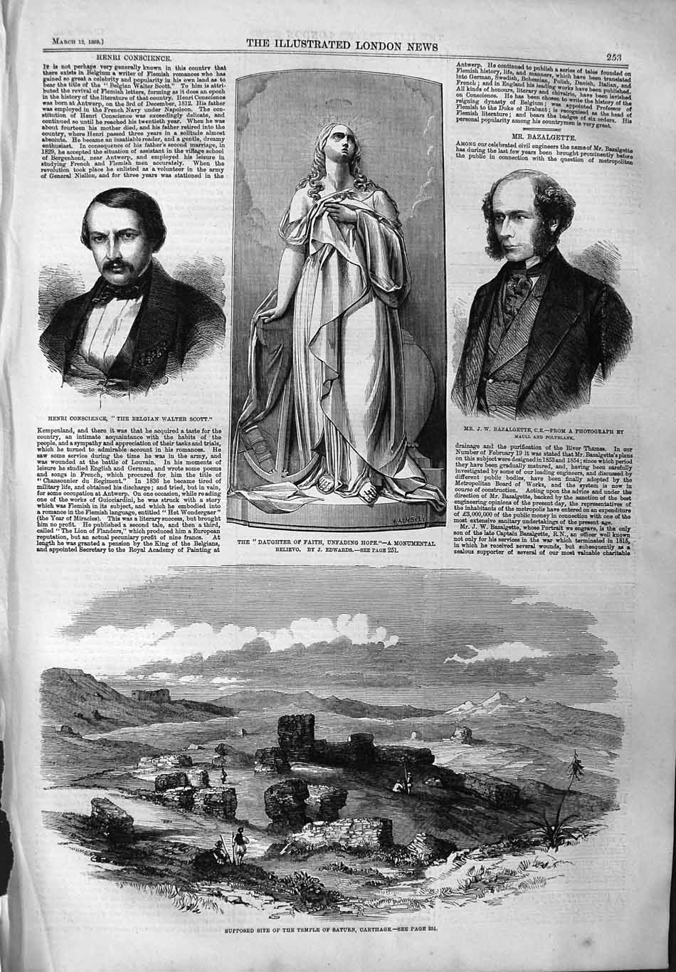 Original Old Antique Print 1859 Temple Saturn Carthage Bazalgette Conscience