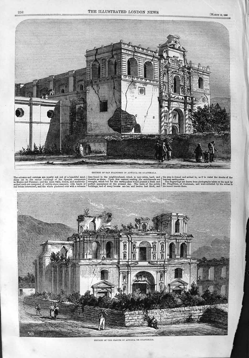 Original Old Antique Print 1859 Church Francisco Jesuits Antigua De Gu Victorian