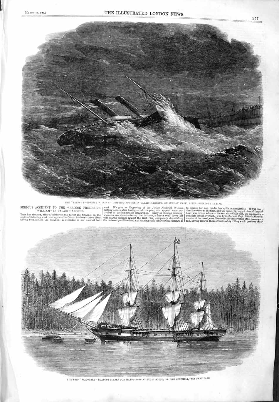 Old Antique Print 1859 Prince William Ship Calais Harbour Wacousta Puget 19th
