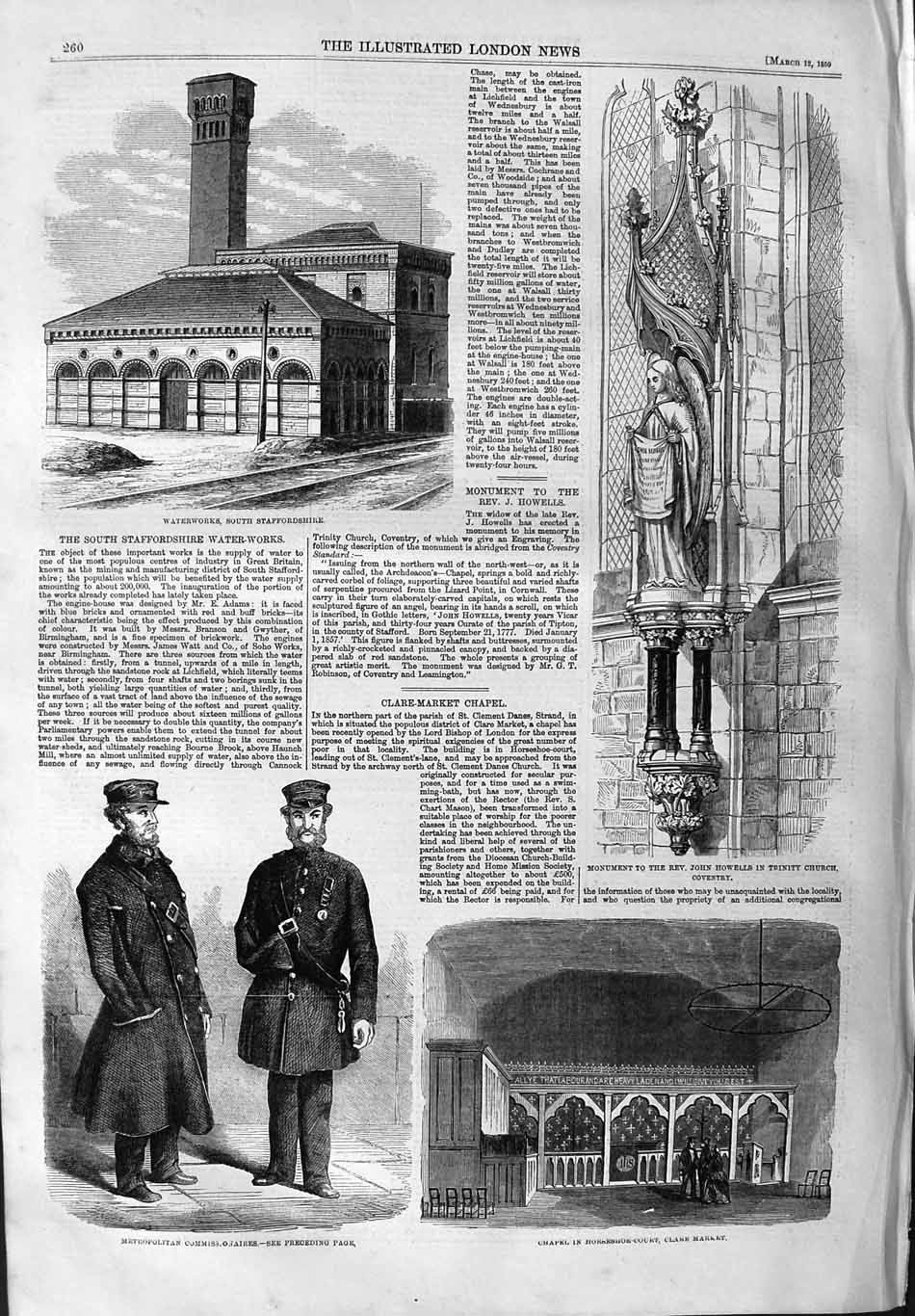 Original Old Antique Print 1859 Waterworks Staffordshire Howells Church Chapel