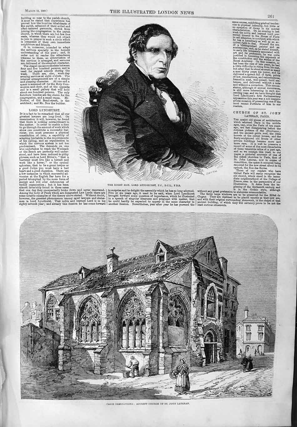 Original Old Antique Print 1859 Lord Lyndhurst Church John Lantern Paris France
