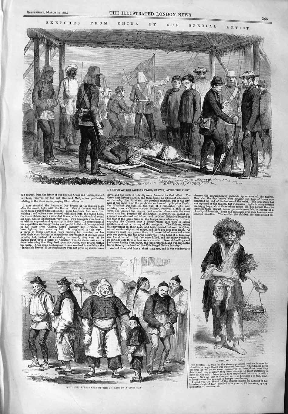 Original Old Antique Print 1859 China Canton Beggar Macao Plathoric Chinese 19th