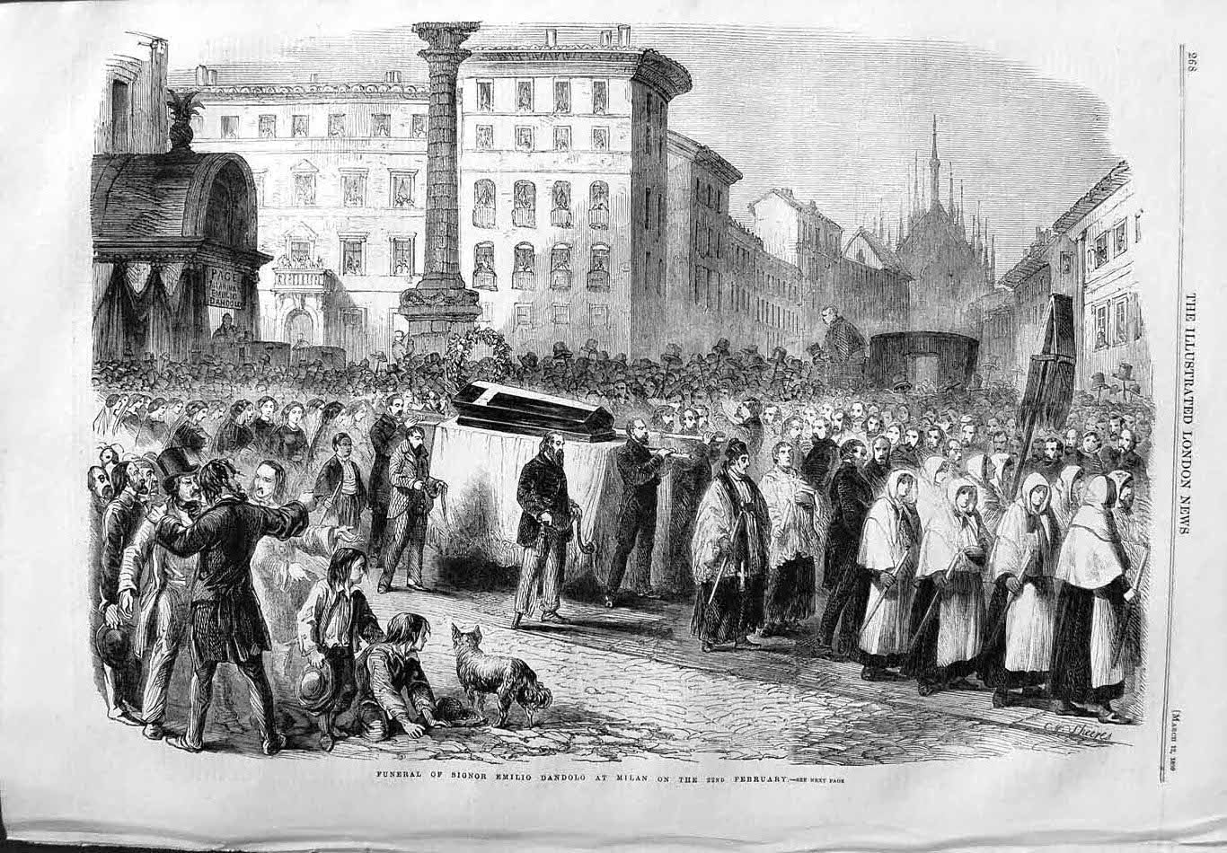 Original Old Antique Print 1859 Funeral Signor Emilio Dandolo Milan Italy 19th