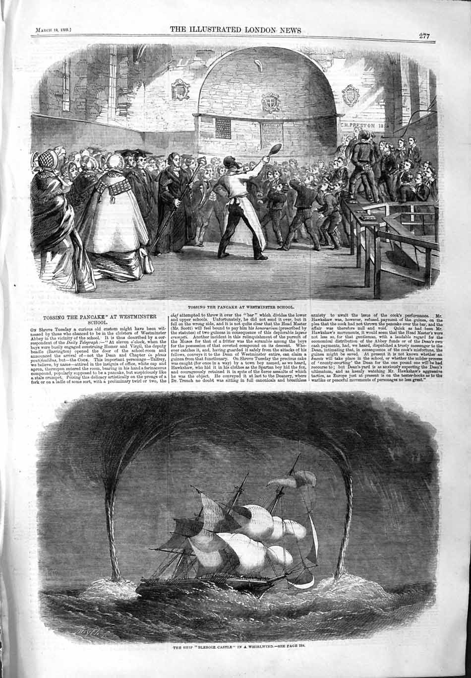 Original Old Antique Print 1859 Tossing Pancake Westminster Ship Bleroie Castle