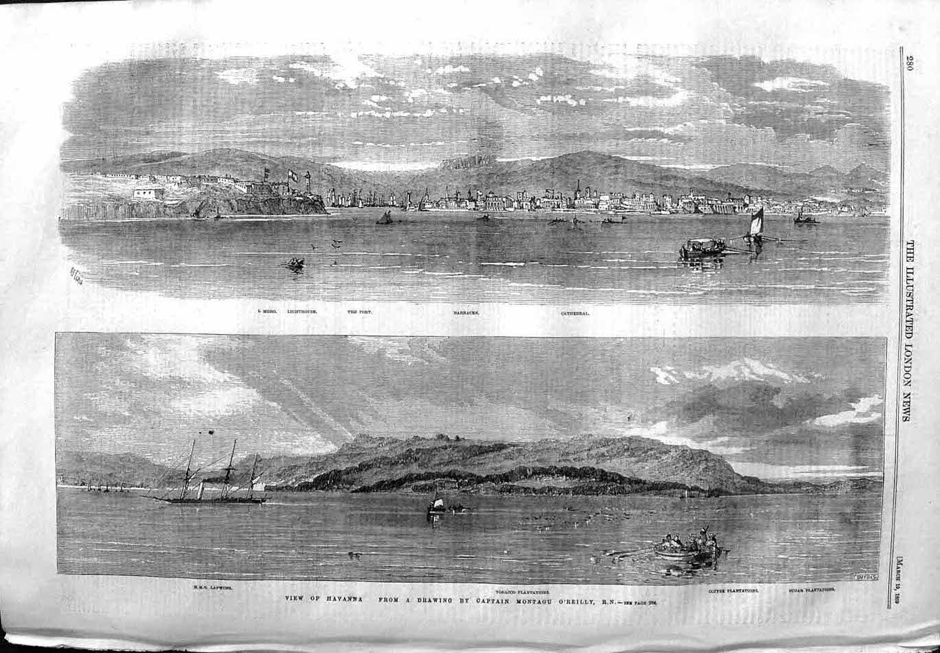 Old Antique Print 1859 View Havanna Tobacco Plantation Coffee Moro Ships 19th
