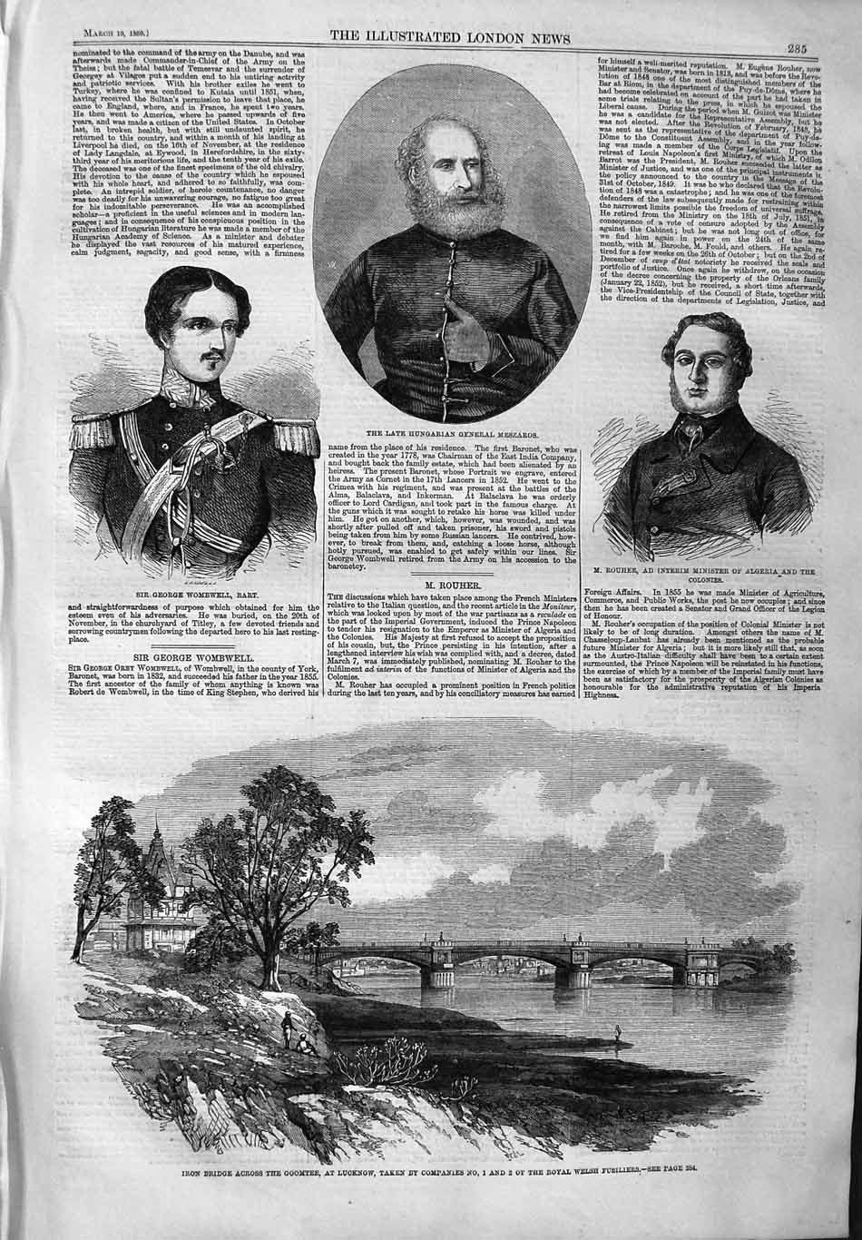 Original Old Antique Print 1859 Iron Bridge Goomtee Lucknow Meszaros Wombwell
