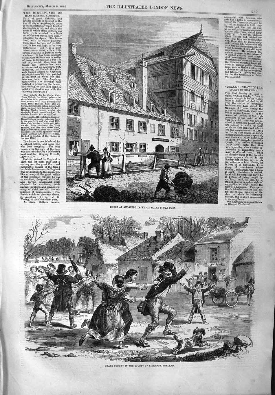 Original Old Antique Print 1859 House Augsburg Chalk Sunday Kilkenny Ireland