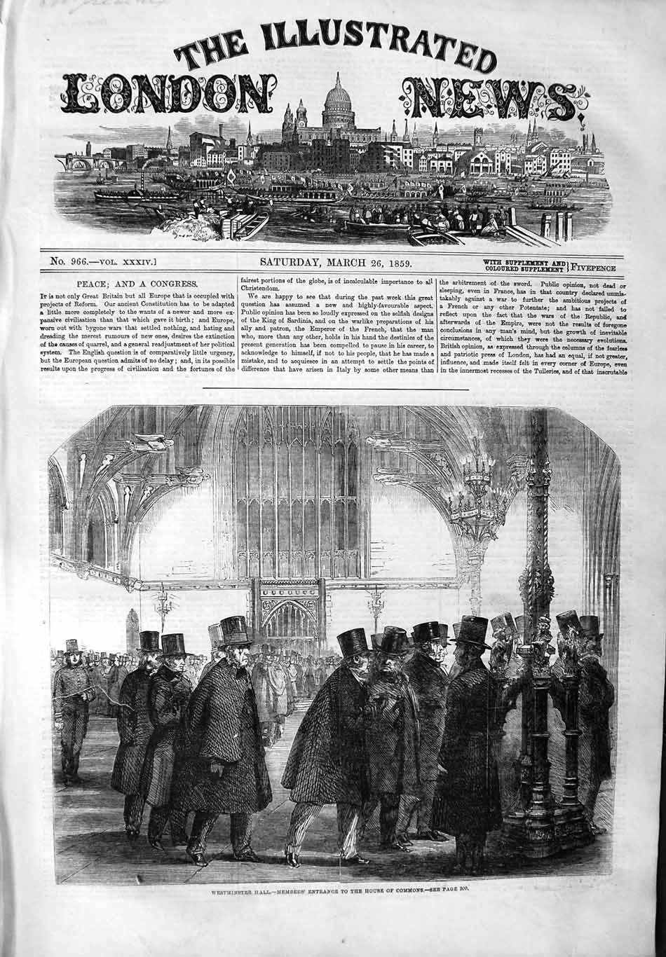 Original Old Antique Print 1859 Wesminster Hall House Commons Members Entrance