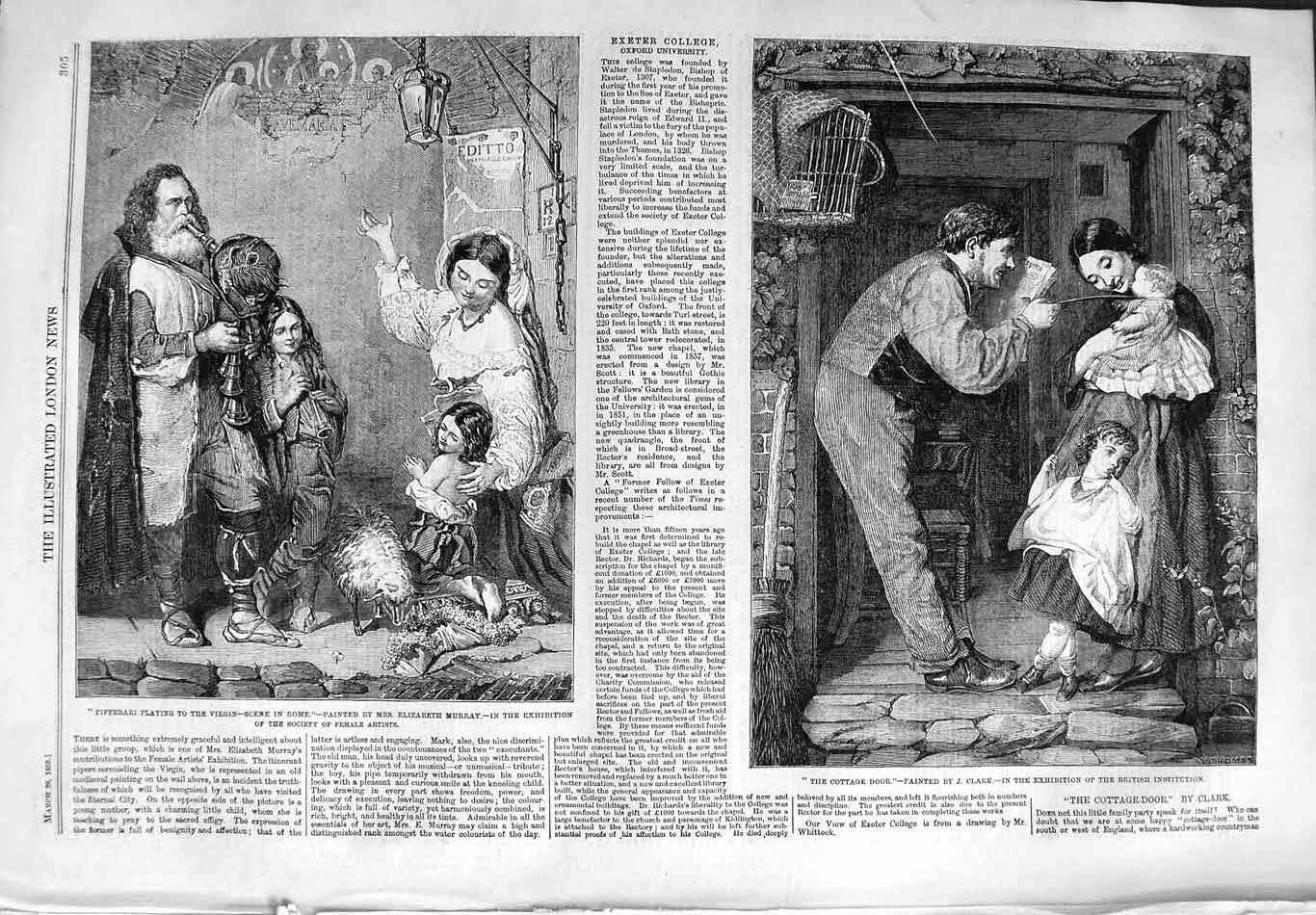 Original Old Antique Print 1859 Pifferari Music Rome Cottage Door Family Scene