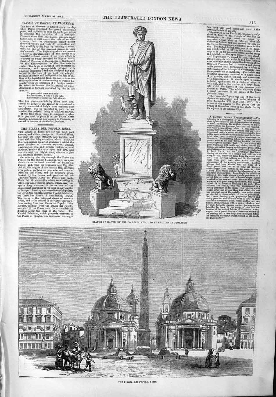 Old Antique Print 1859 Statue Dante Florence Piazza Del Popolo Rome Italy 19th