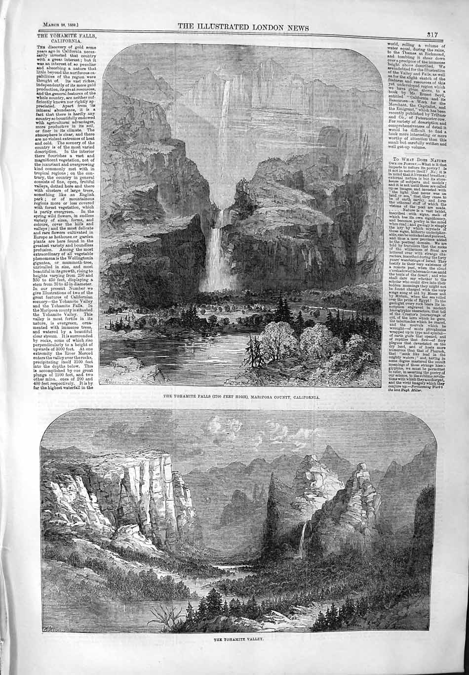 Original Old Antique Print 1859 Yohamite Valley Falls Mariposa River California