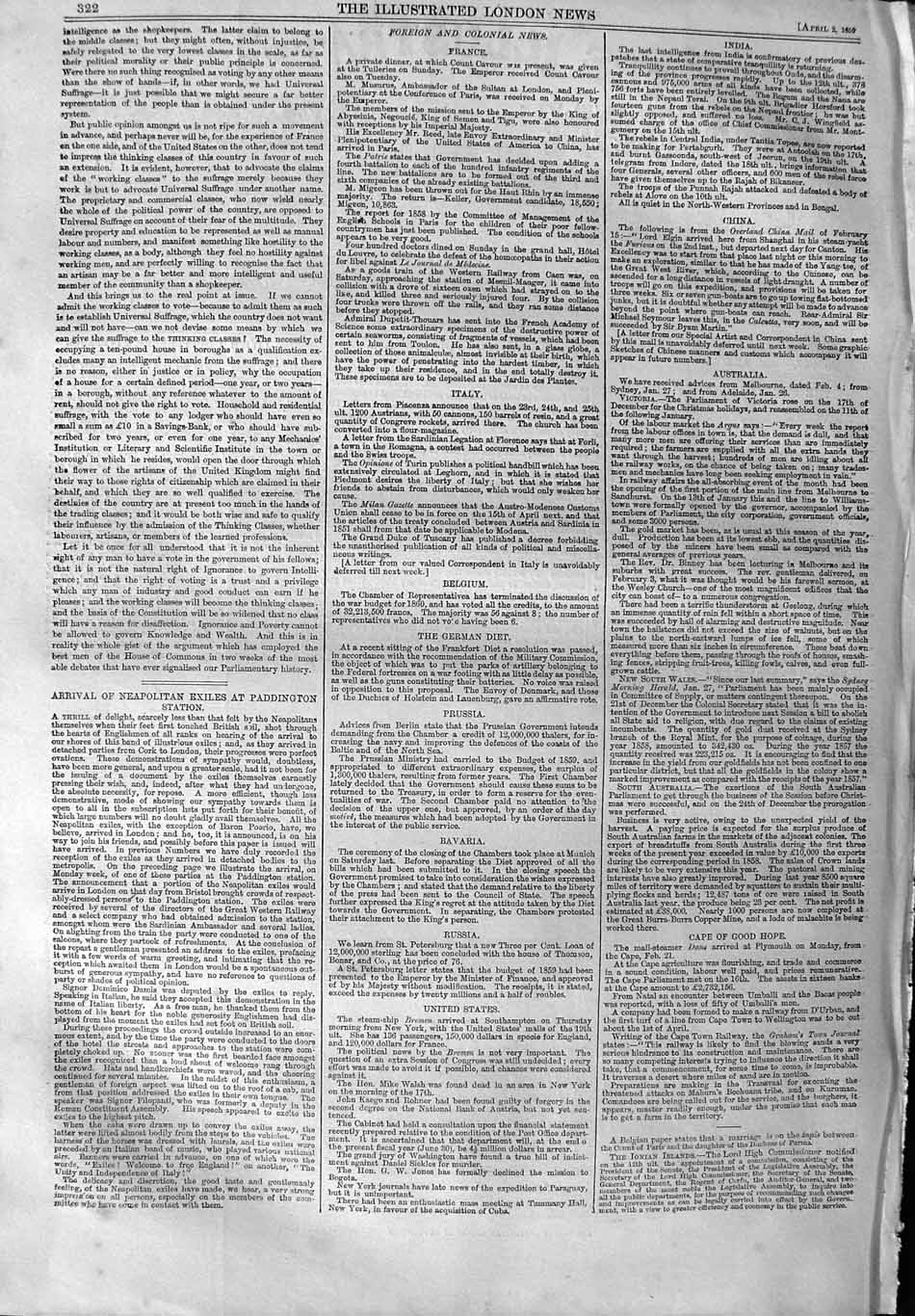 Old Antique Print 1859 Neapolitan Exiles Paddington Station Railway Train 19th
