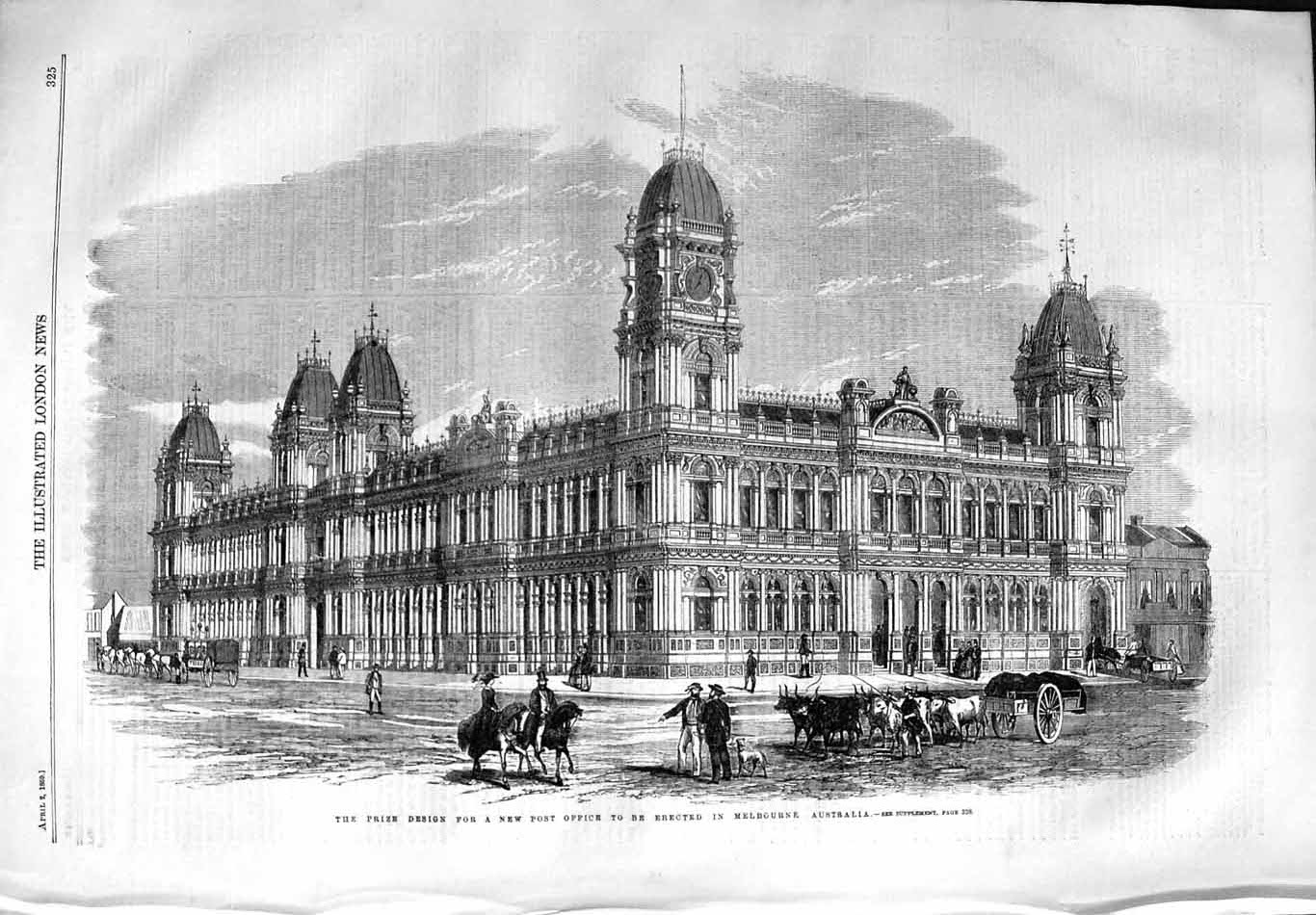 Original Old Antique Print 1859 Post Office Building Design Melbourne Australia