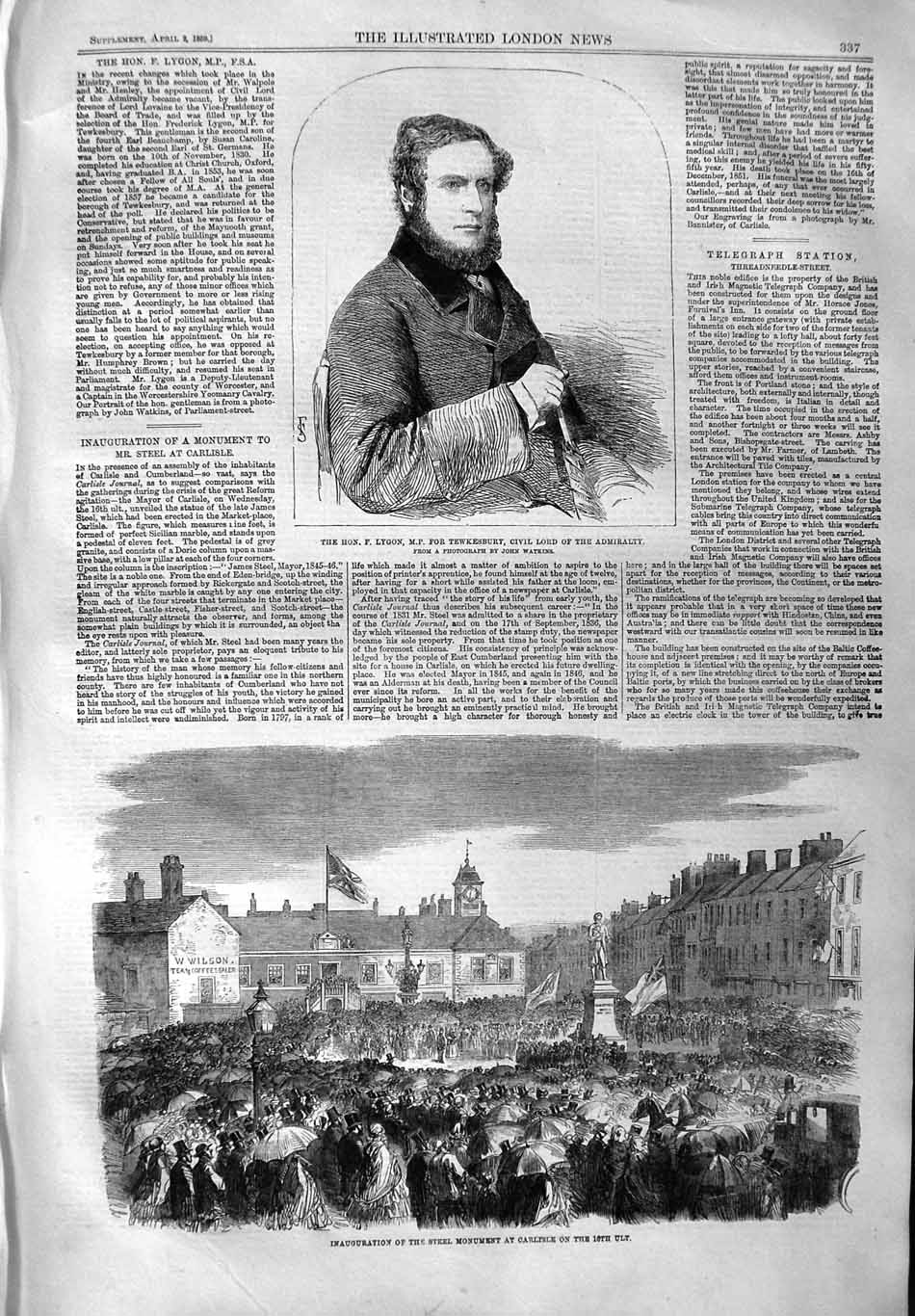 Original Old Antique Print 1859 Lygon M.P. Tewkesbury Steel Monument Carlisle