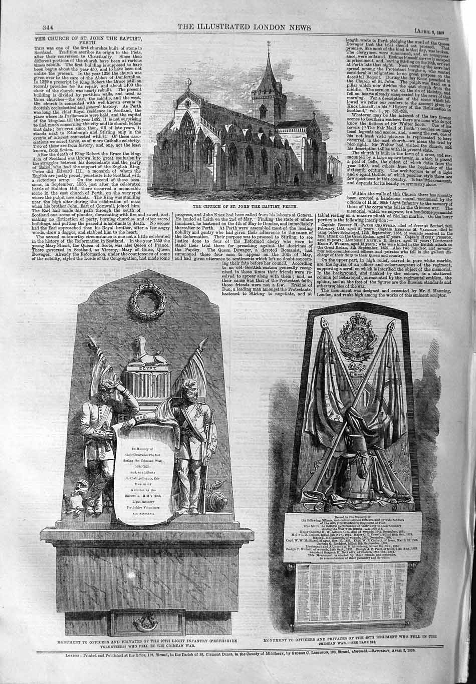 Original Old Antique Print 1859 Church John Baptist Perth Monument Crim 19th