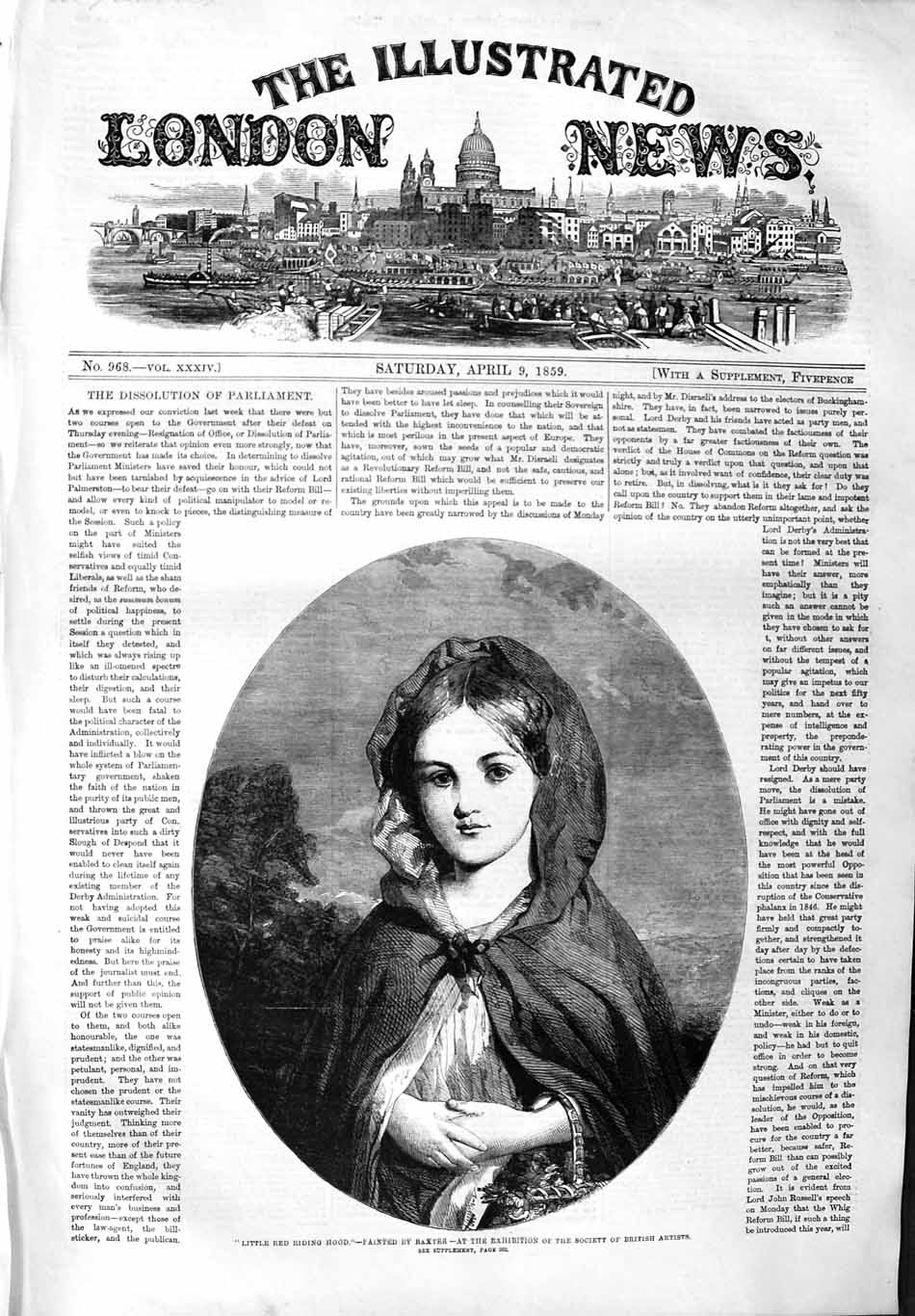 Original Old Antique Print 1859 Portrait Little Red Riding Hood 19th