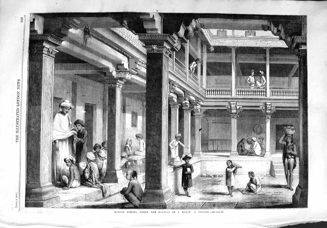 Original Old Antique Print 1859 Hindoo School Portico House Poonah Architecture