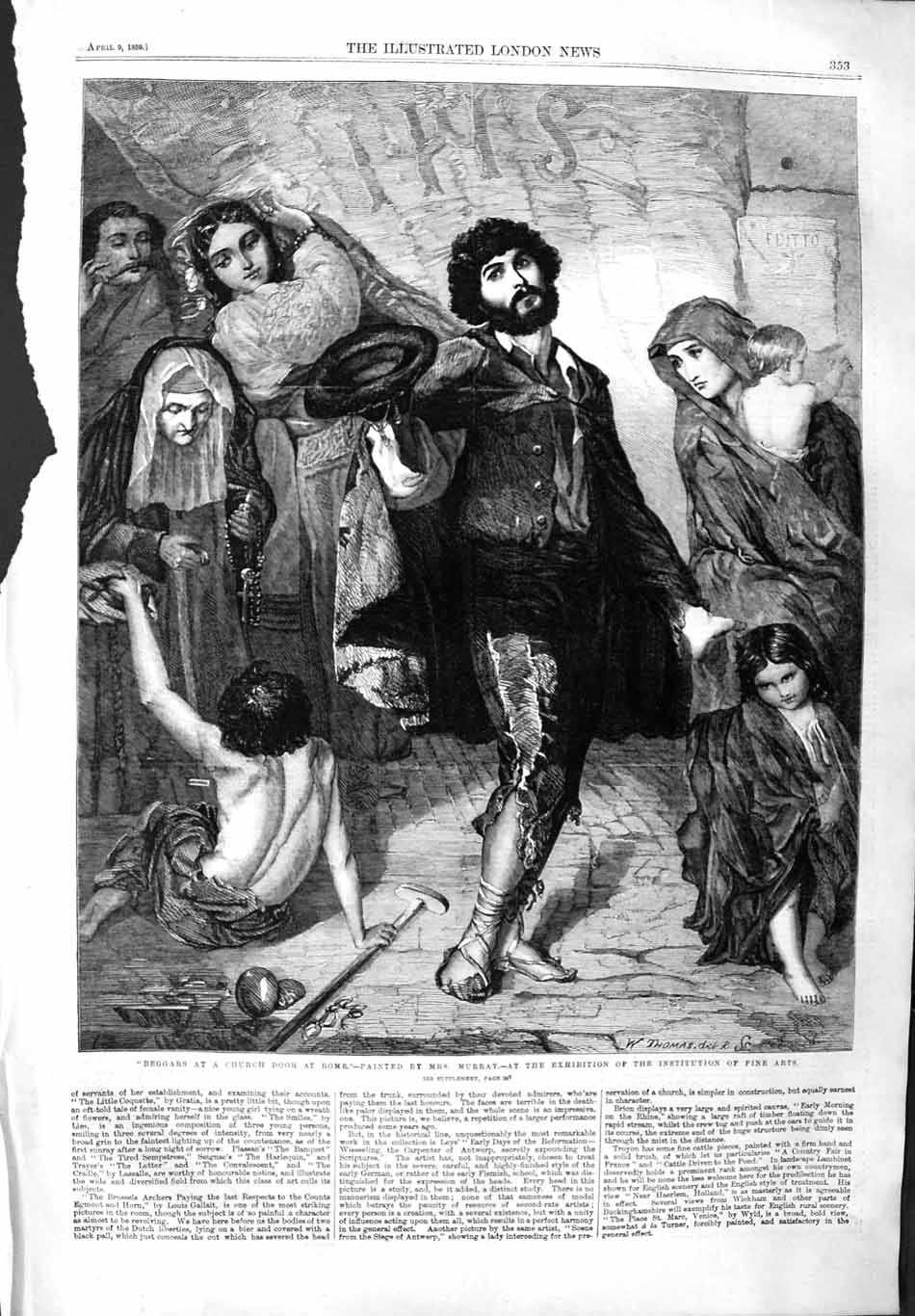 Original Old Antique Print 1859 Scene Beggars Church Door Rome Italy Murray