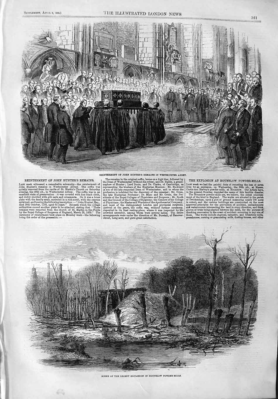 Original Old Antique Print 1859 John Hunter Westminster Hounslow Powder-Mills