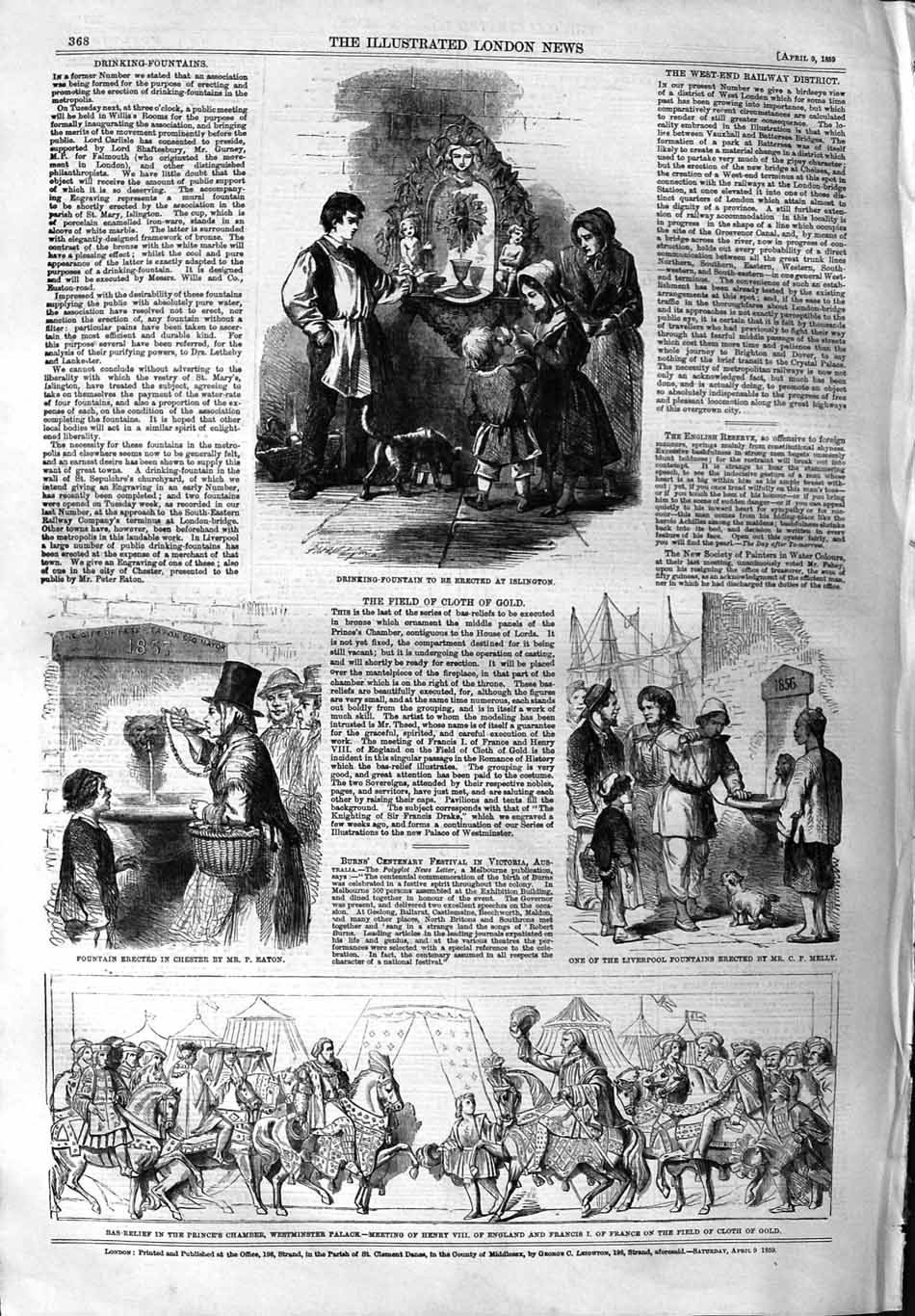 Old Antique Print 1859 Drinking Fountain Islington Bas-Relief Westminster 19th