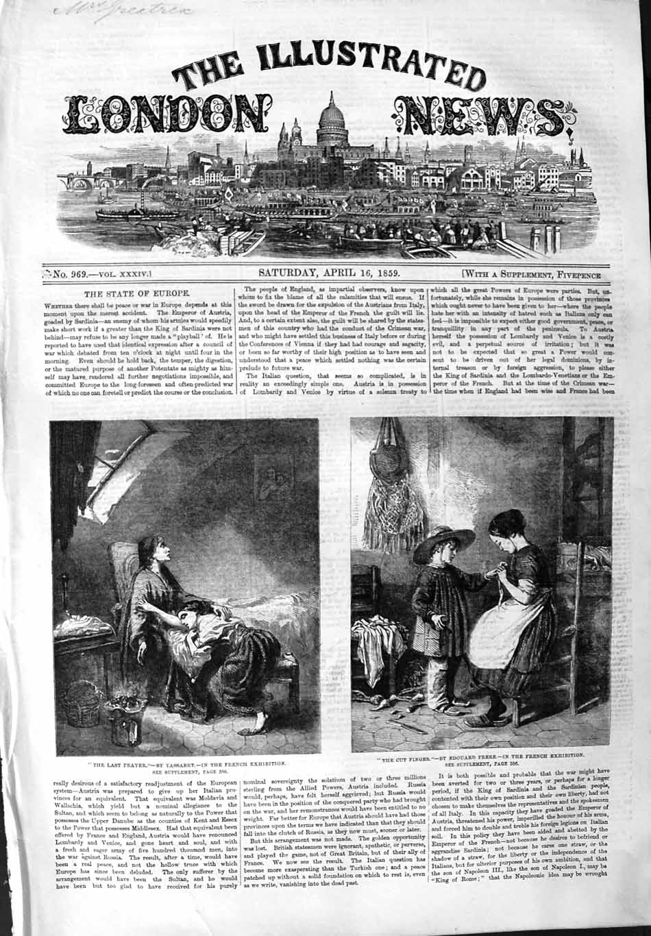 Original Old Antique Print 1859 Fine Art Ladies Praying Cut Finger Victorian