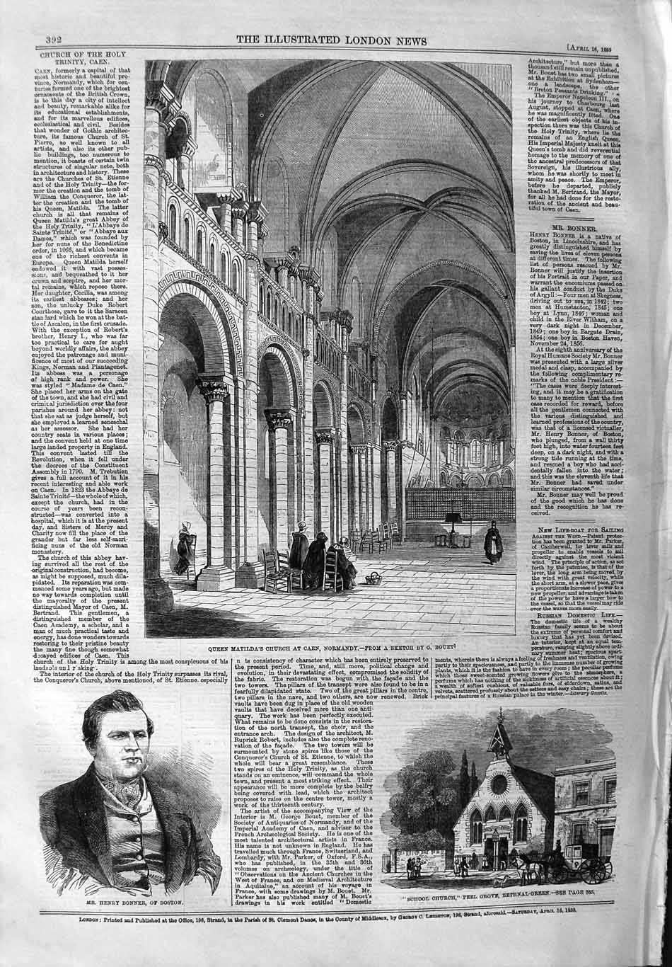Original Old Antique Print 1859 Queen Matilda Caen Normandy Henry Bonner Church